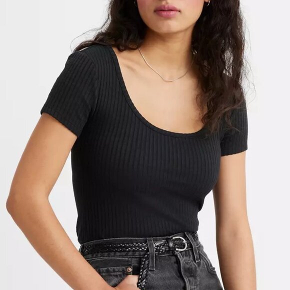 NWOT Levi's Bodega Open Neck Stretch Ribbed Short Sleeve Shirt, Black, Size XS - Picture 2 of 8